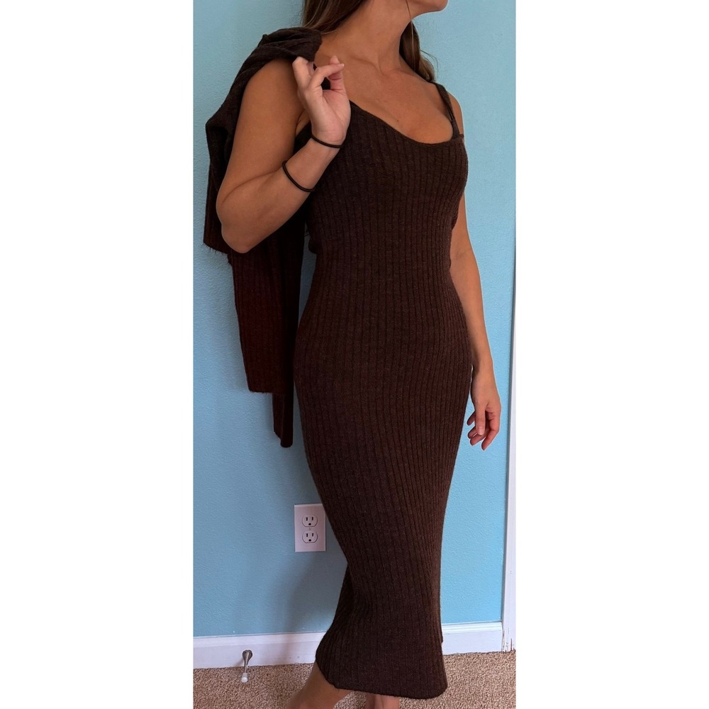 COZY GLAM Lush Dark Brown Ribbed Knit Midi Dress with Cardigan Set